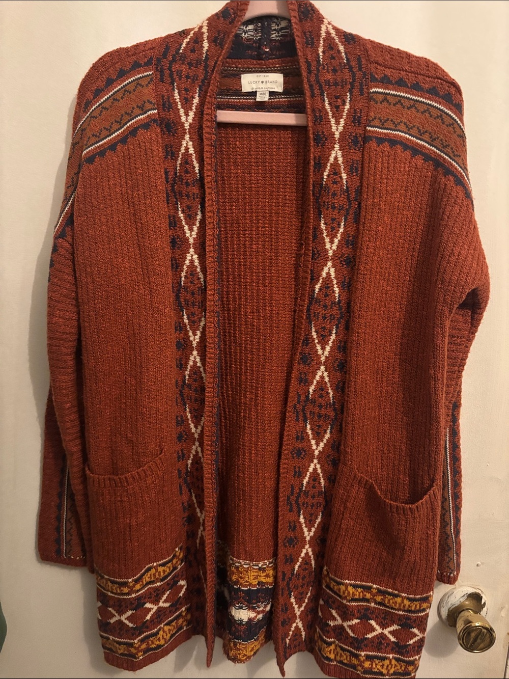 Lucky Brand Burnt Orange Patterned Open-Front Cardigan